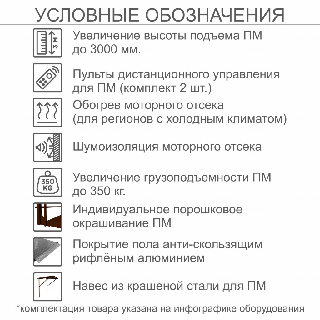 Вертикальный подъемник для инвалидов по ТУ ПМ-02, с индивидуальным порошковым окрашиванием, с пультами дистанционного управления для ПМ (комплект 2 шт.), с обогревом моторного отсека (для регионов с холодным климатом), с шумоизоляцией моторного отсека, с 